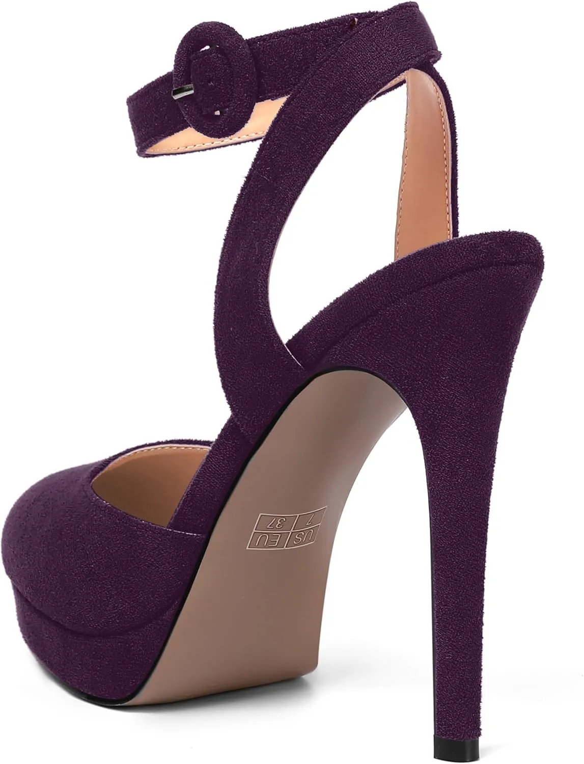 AMBELIGHT Womens Buckle Round Toe Suede Ankle Strap Solid Wedding Dress Platform Stiletto High Heel Pumps Shoes 4.7 Inch