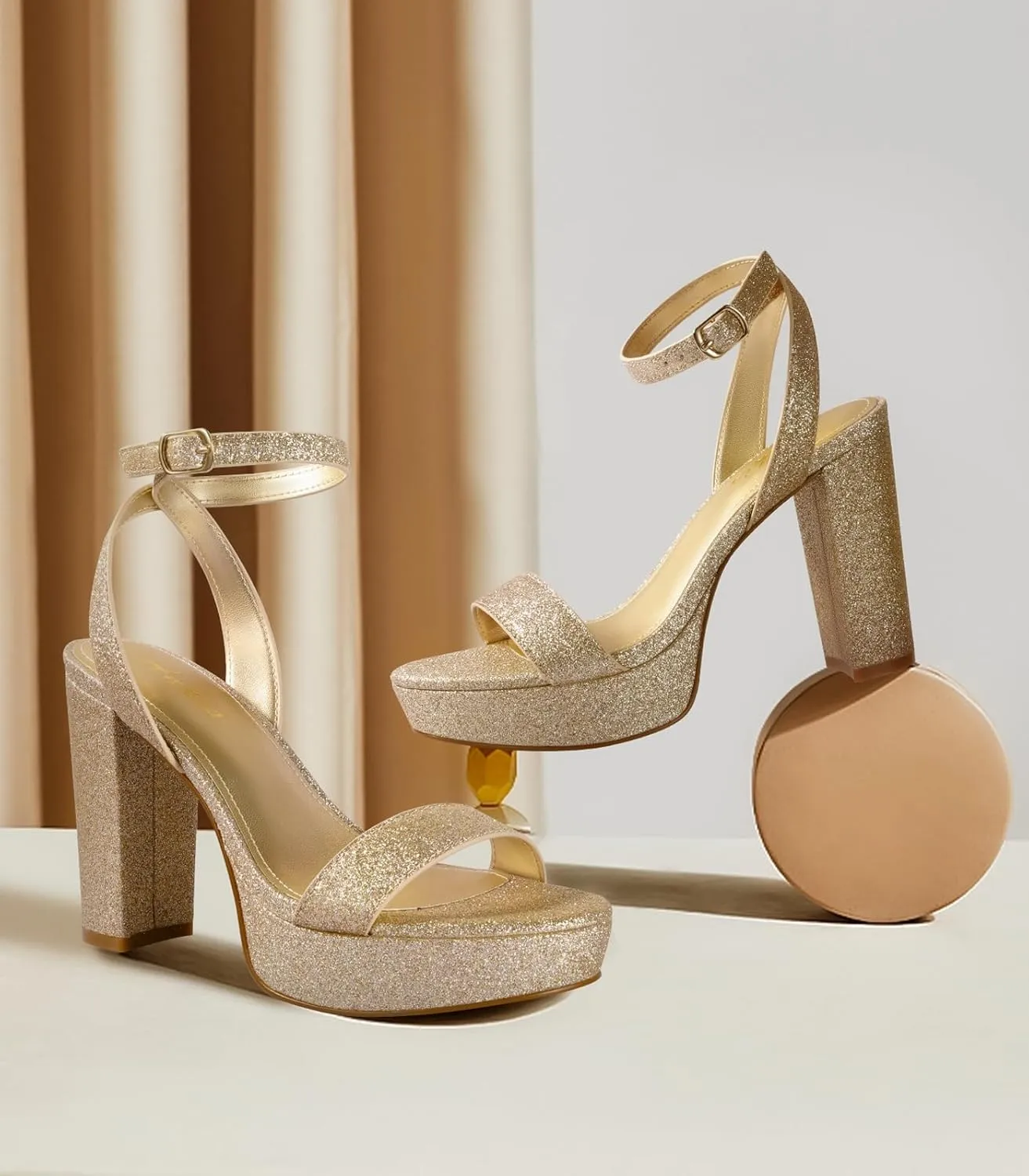 Ankis Platform Heels for Women 4 Inches Chunky Heels Sandals for Women Comfy Open Toe Block Heeled Sandals Nude White Silver Gold Black Ankle Strappy Heels for Women
