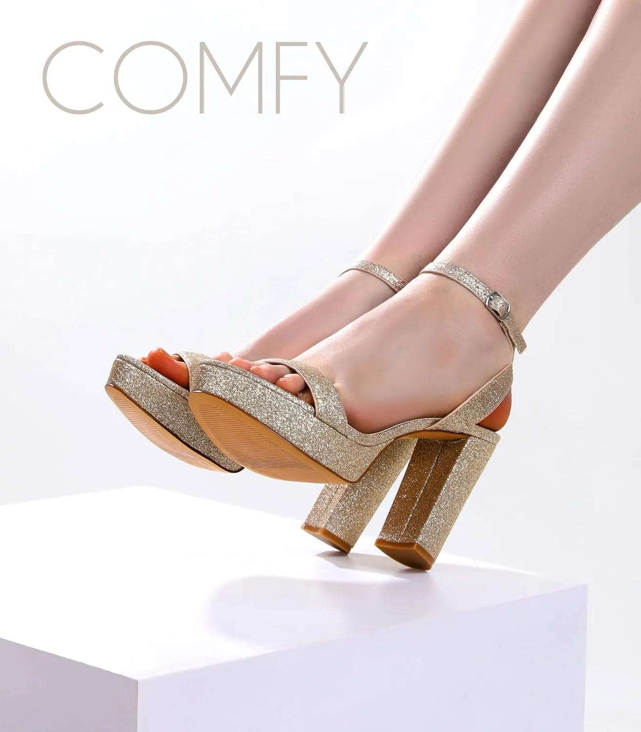 Ankis Platform Heels for Women 4 Inches Chunky Heels Sandals for Women Comfy Open Toe Block Heeled Sandals Nude White Silver Gold Black Ankle Strappy Heels for Women