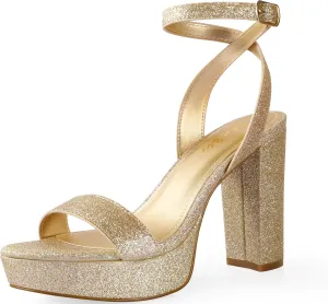 Ankis Platform Heels for Women 4 Inches Chunky Heels Sandals for Women Comfy Open Toe Block Heeled Sandals Nude White Silver Gold Black Ankle Strappy Heels for Women