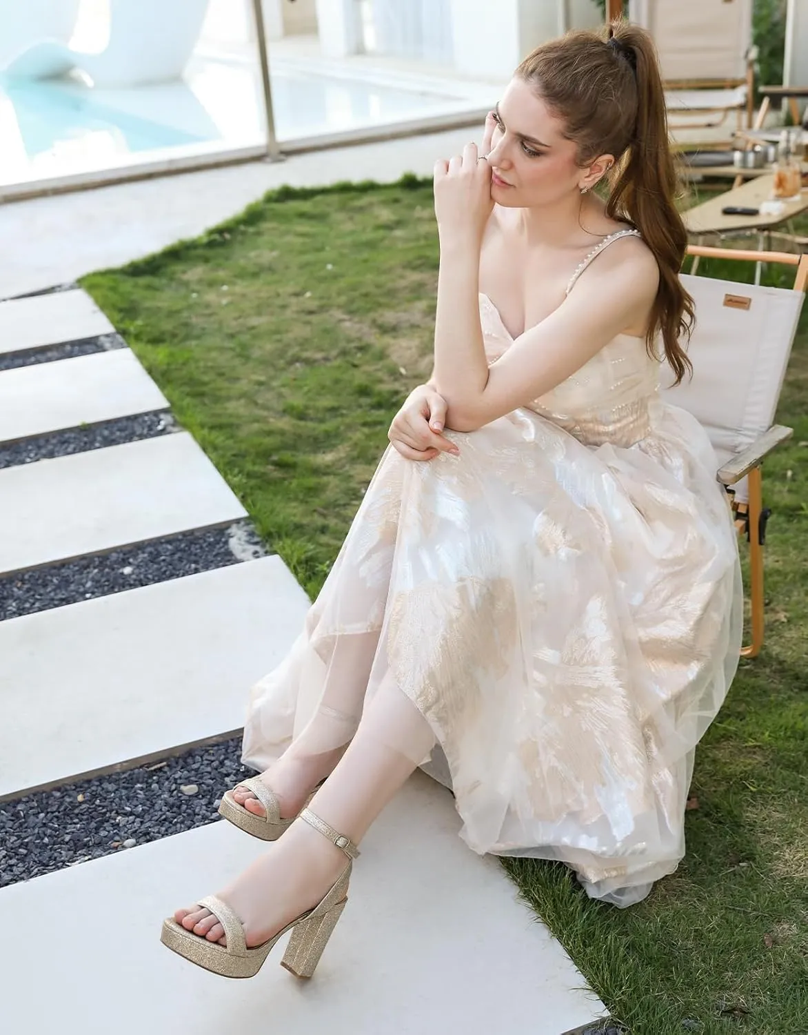 Ankis Platform Heels for Women 4 Inches Chunky Heels Sandals for Women Comfy Open Toe Block Heeled Sandals Nude White Silver Gold Black Ankle Strappy Heels for Women