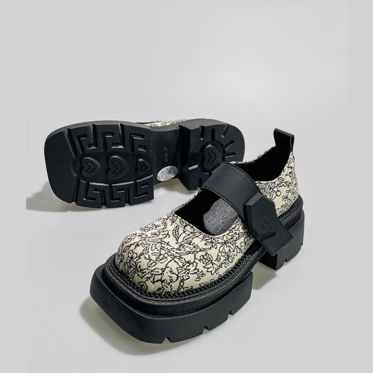 Apricot Floral Jacquard Platform Mary Janes