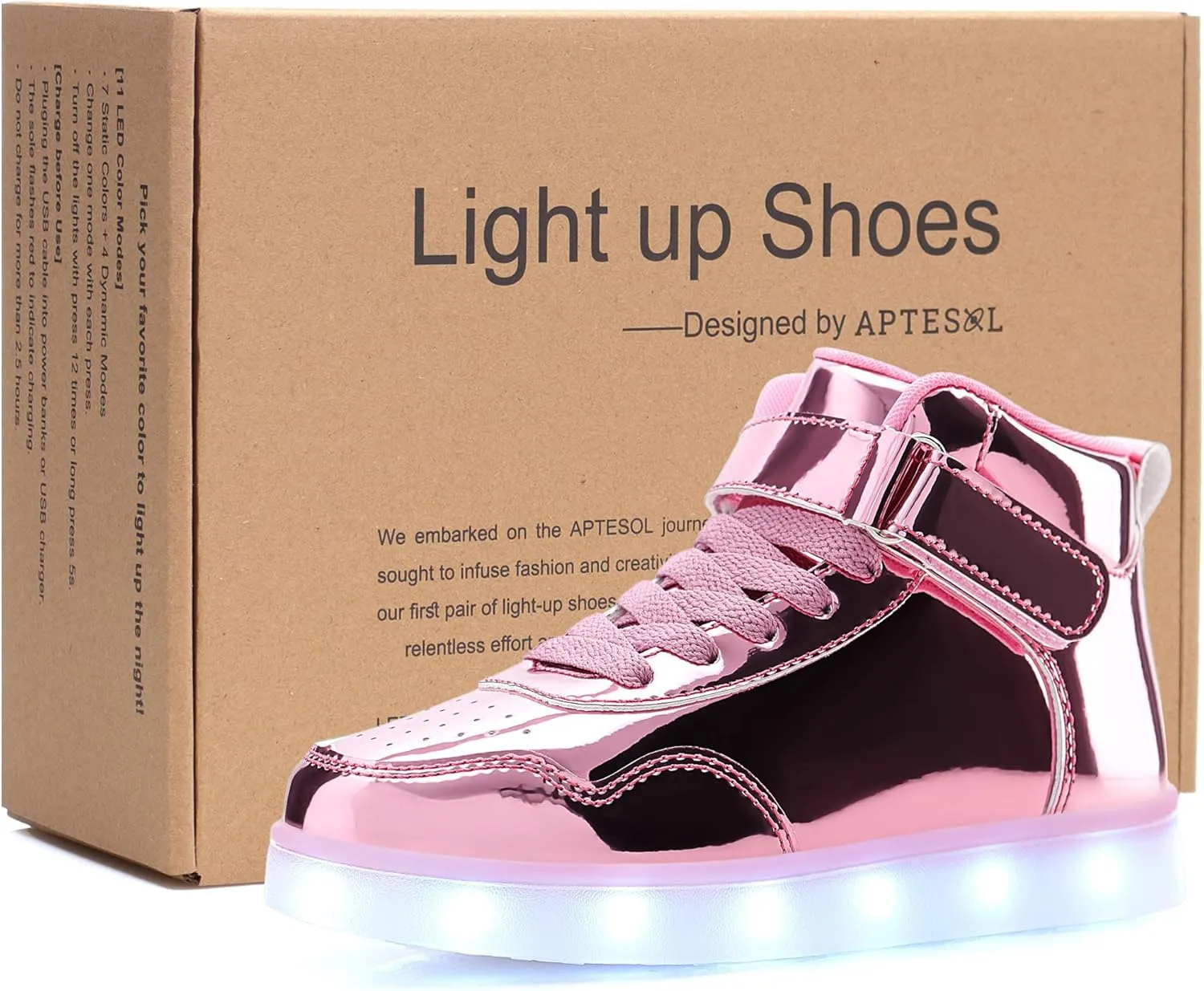APTESOL Kids LED Light Up Shoes with Adjustable Hook & Loop - Rechargeable High Top Flashing Sparkly Luminous Glowing Sneakers, Cool Adorable Light-Up Tenis for Boys Girls