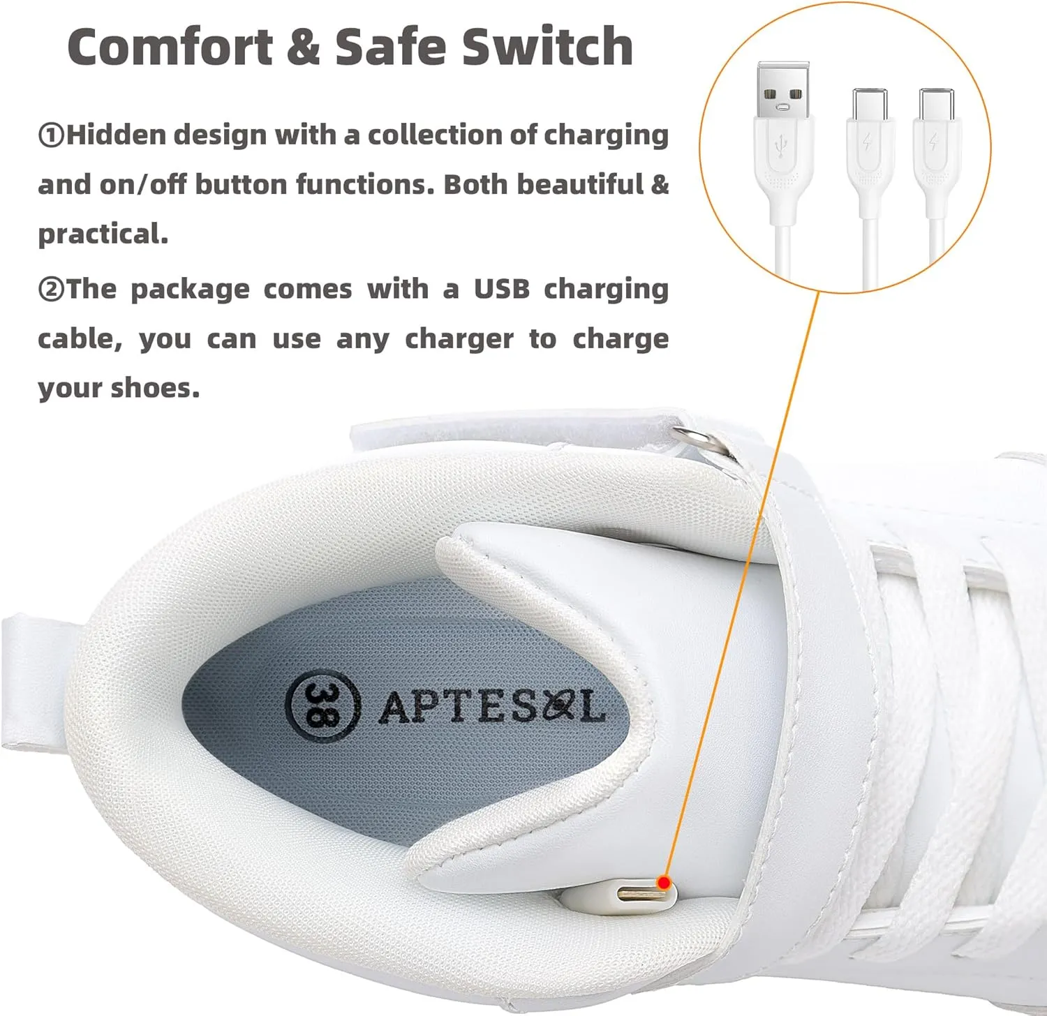 APTESOL Kids LED Light Up Shoes with Adjustable Hook & Loop - Rechargeable High Top Flashing Sparkly Luminous Glowing Sneakers, Cool Adorable Light-Up Tenis for Boys Girls