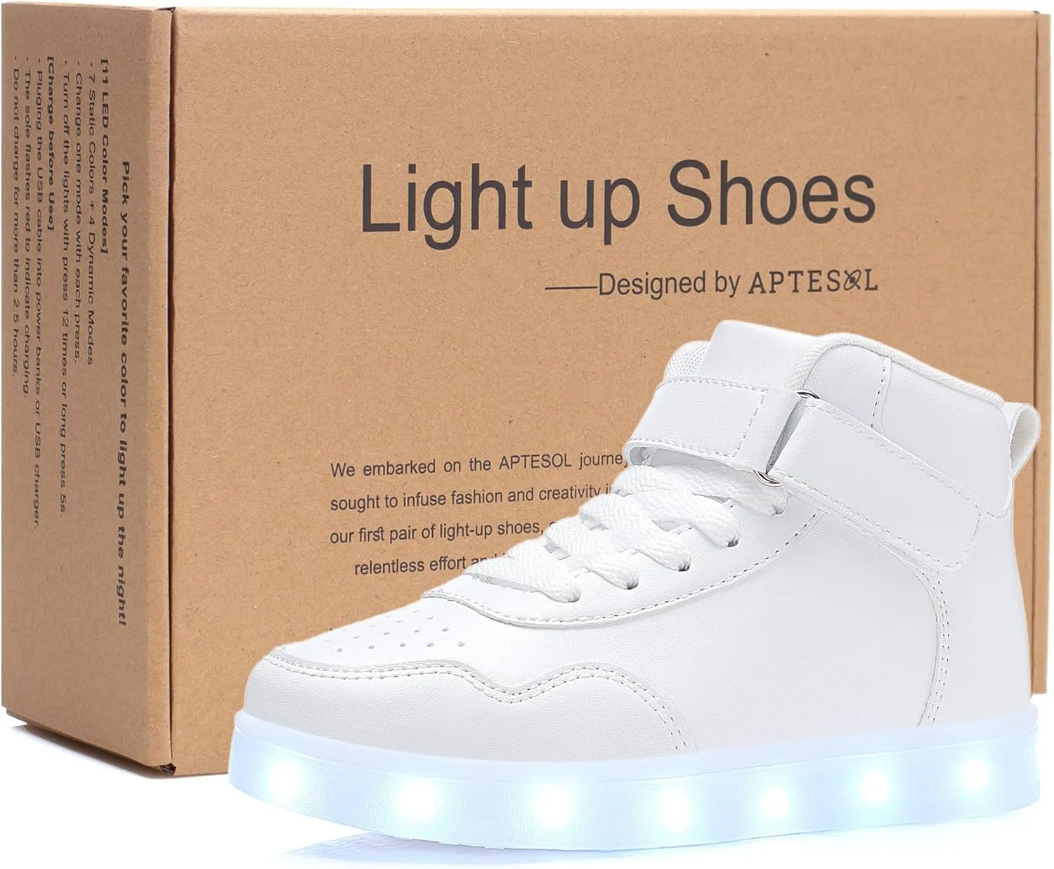 APTESOL Kids LED Light Up Shoes with Adjustable Hook & Loop - Rechargeable High Top Flashing Sparkly Luminous Glowing Sneakers, Cool Adorable Light-Up Tenis for Boys Girls
