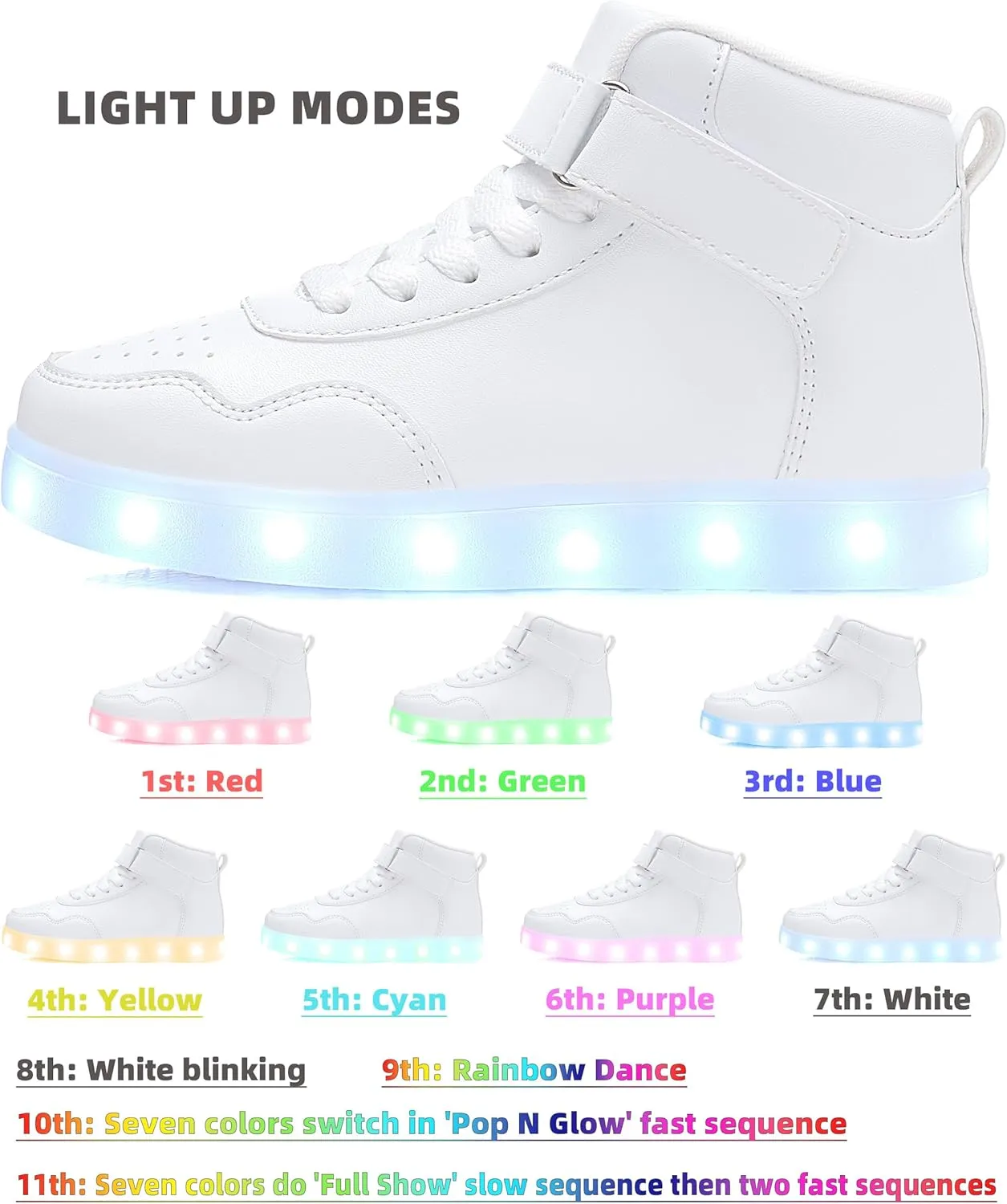 APTESOL Kids LED Light Up Shoes with Adjustable Hook & Loop - Rechargeable High Top Flashing Sparkly Luminous Glowing Sneakers, Cool Adorable Light-Up Tenis for Boys Girls