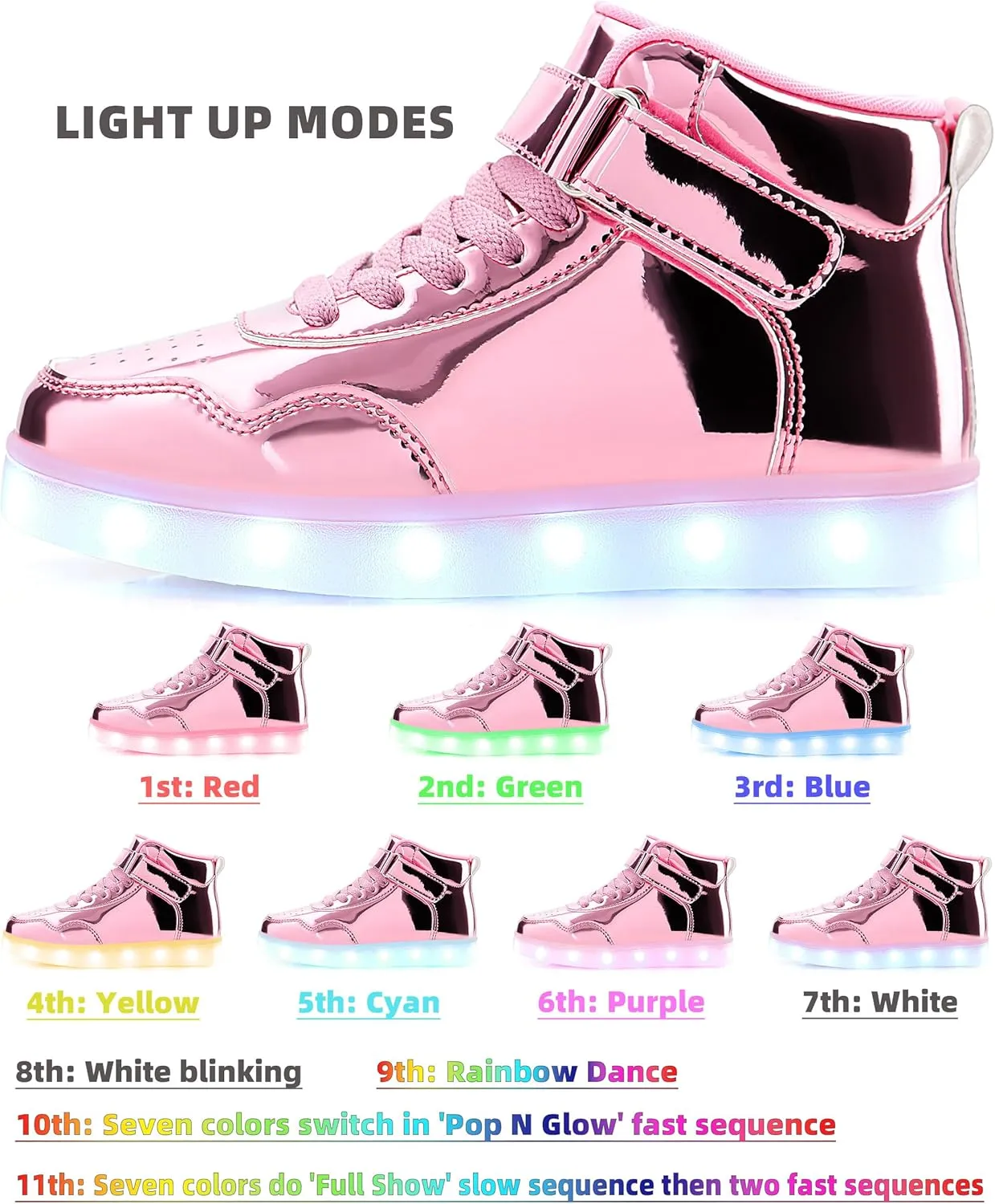 APTESOL Kids LED Light Up Shoes with Adjustable Hook & Loop - Rechargeable High Top Flashing Sparkly Luminous Glowing Sneakers, Cool Adorable Light-Up Tenis for Boys Girls