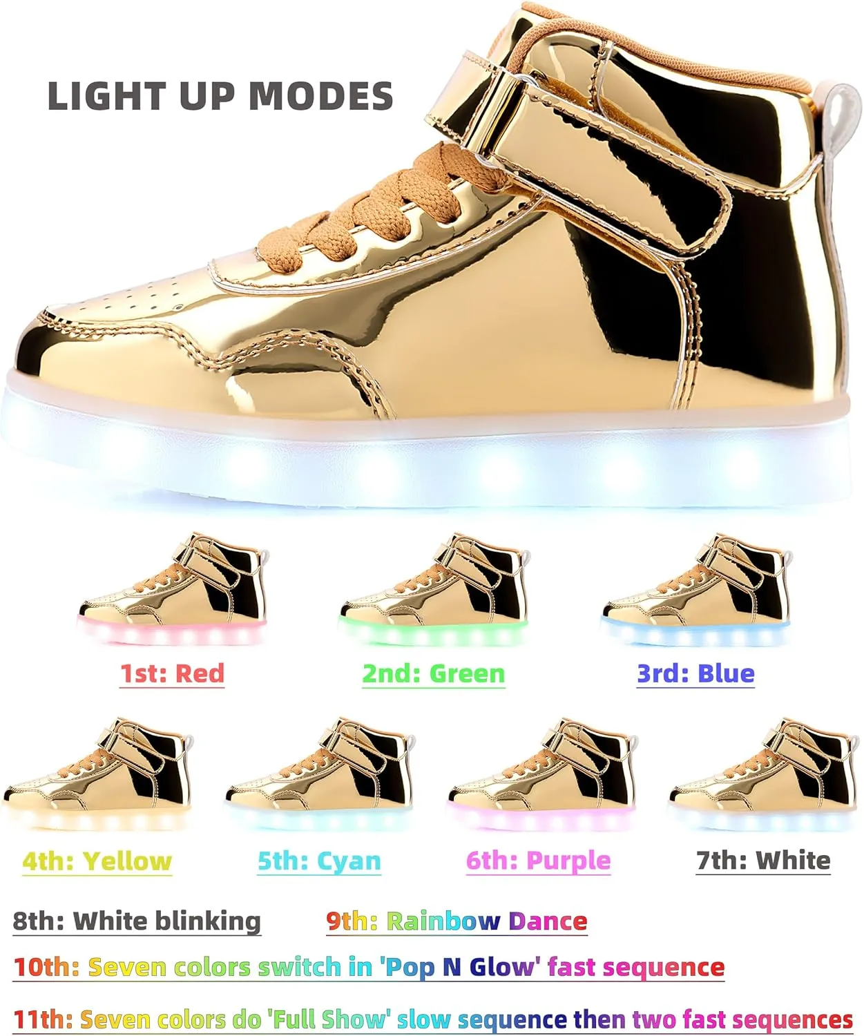 APTESOL Kids LED Light Up Shoes with Adjustable Hook & Loop - Rechargeable High Top Flashing Sparkly Luminous Glowing Sneakers, Cool Adorable Light-Up Tenis for Boys Girls