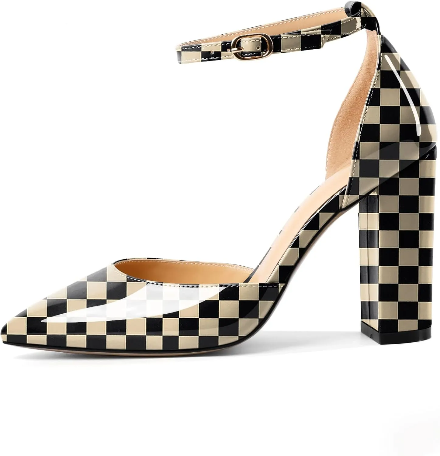 AUMOTED Women High Heel Pumps Chunky Heel Pointed Toe Patent Block Heels Ankle Strap Solid Dress Pumps Shoes 4 Inch