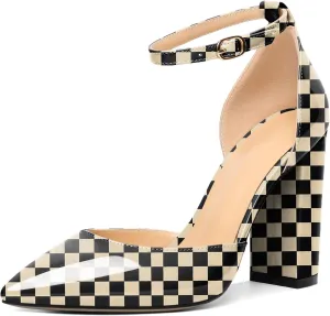 AUMOTED Women High Heel Pumps Chunky Heel Pointed Toe Patent Block Heels Ankle Strap Solid Dress Pumps Shoes 4 Inch