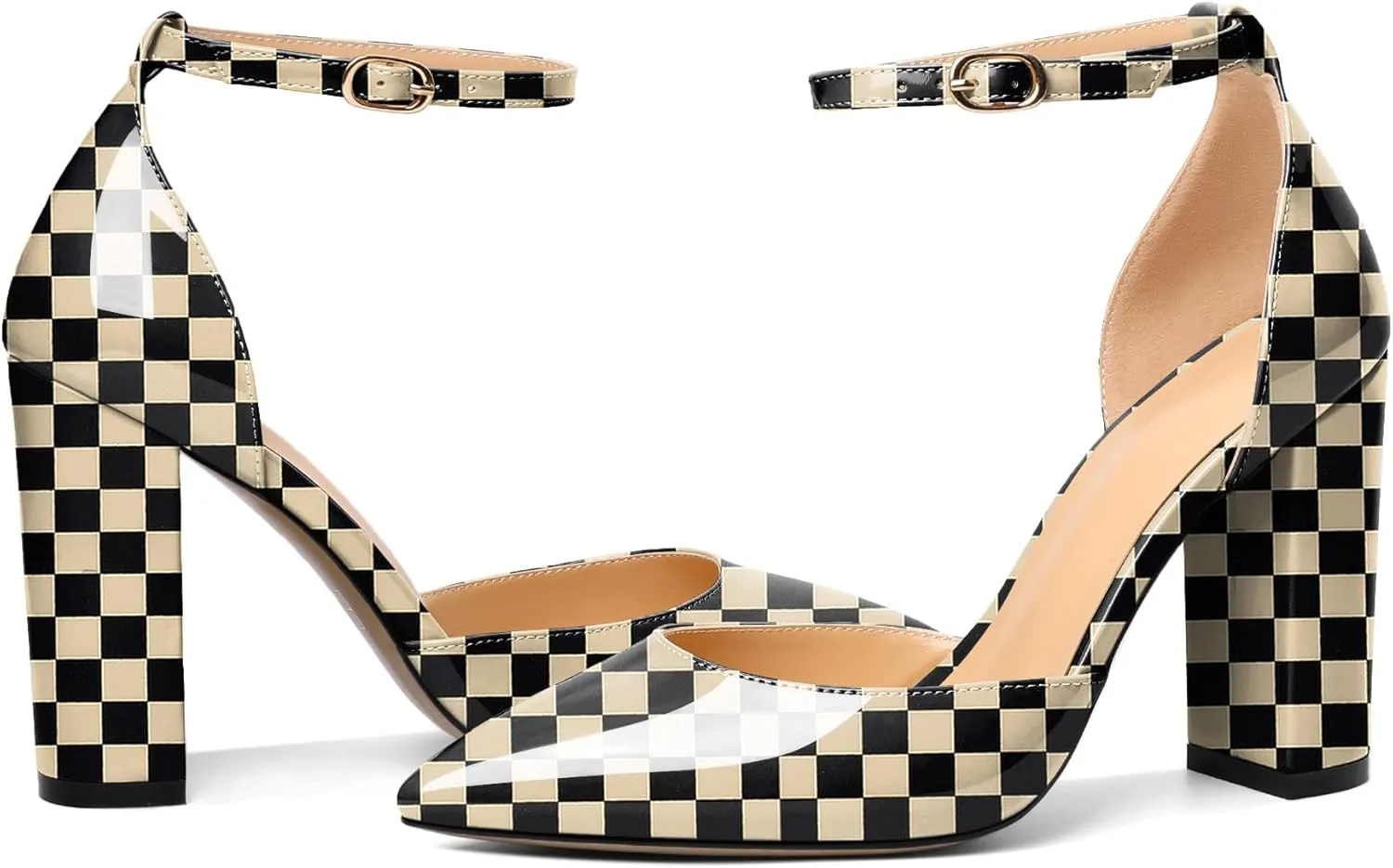 AUMOTED Women High Heel Pumps Chunky Heel Pointed Toe Patent Block Heels Ankle Strap Solid Dress Pumps Shoes 4 Inch