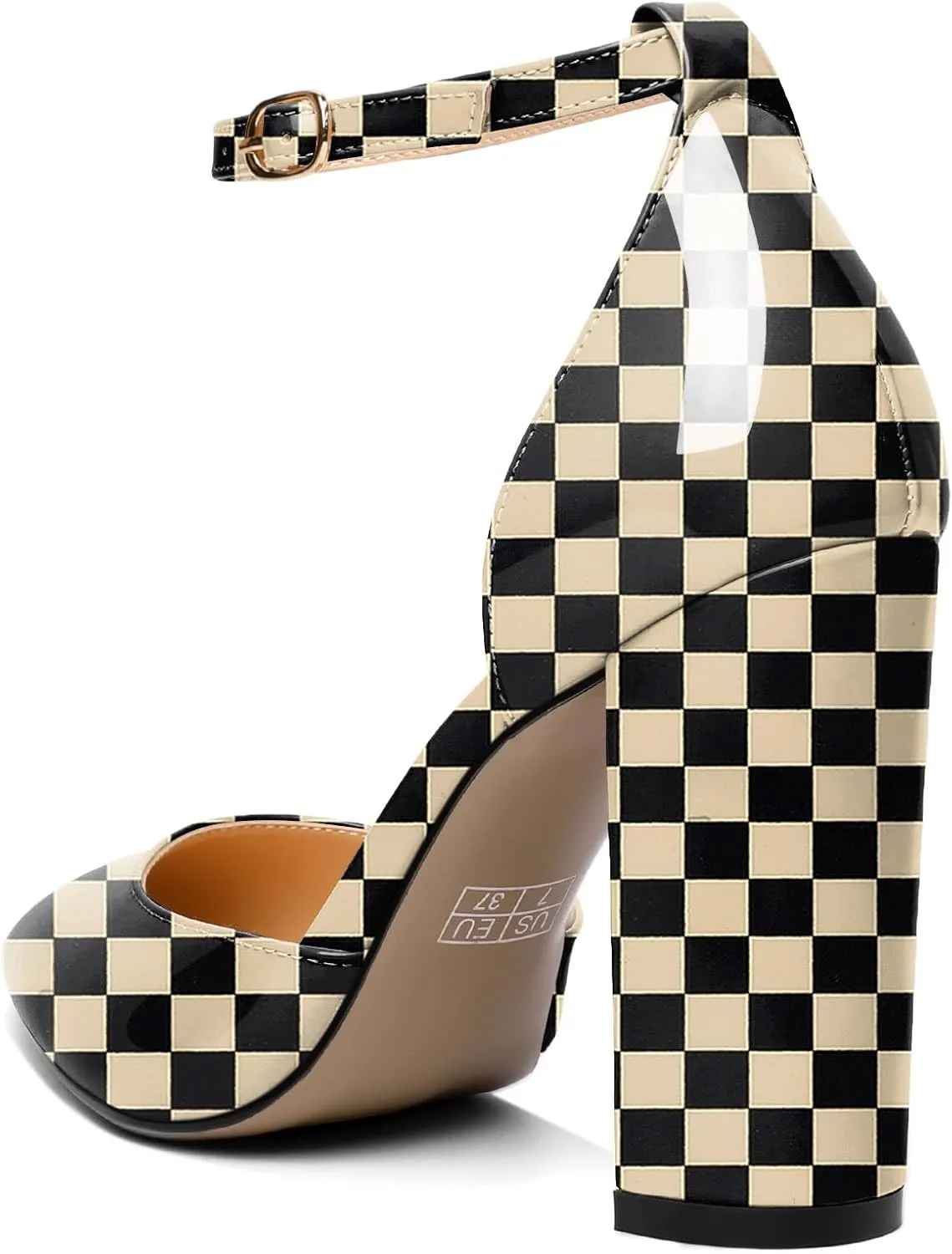 AUMOTED Women High Heel Pumps Chunky Heel Pointed Toe Patent Block Heels Ankle Strap Solid Dress Pumps Shoes 4 Inch