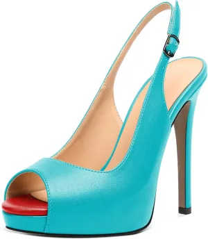 AUMOTED Women's High Heel Slingback Pumps Stilettos High Heels Patent Slingback Pumps Solid Peep Toe Platform Stilettos Pumps Dating Party Dress Shoes 4.7 Inch