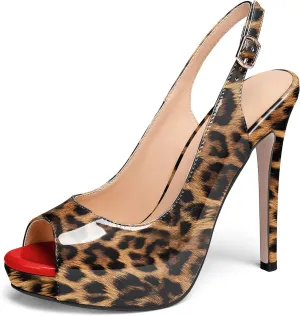 AUMOTED Women's High Heel Slingback Pumps Stilettos High Heels Patent Slingback Pumps Solid Peep Toe Platform Stilettos Pumps Dating Party Dress Shoes 4.7 Inch