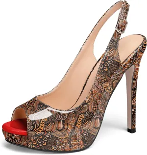 AUMOTED Women's High Heel Slingback Pumps Stilettos High Heels Patent Slingback Pumps Solid Peep Toe Platform Stilettos Pumps Dating Party Dress Shoes 4.7 Inch