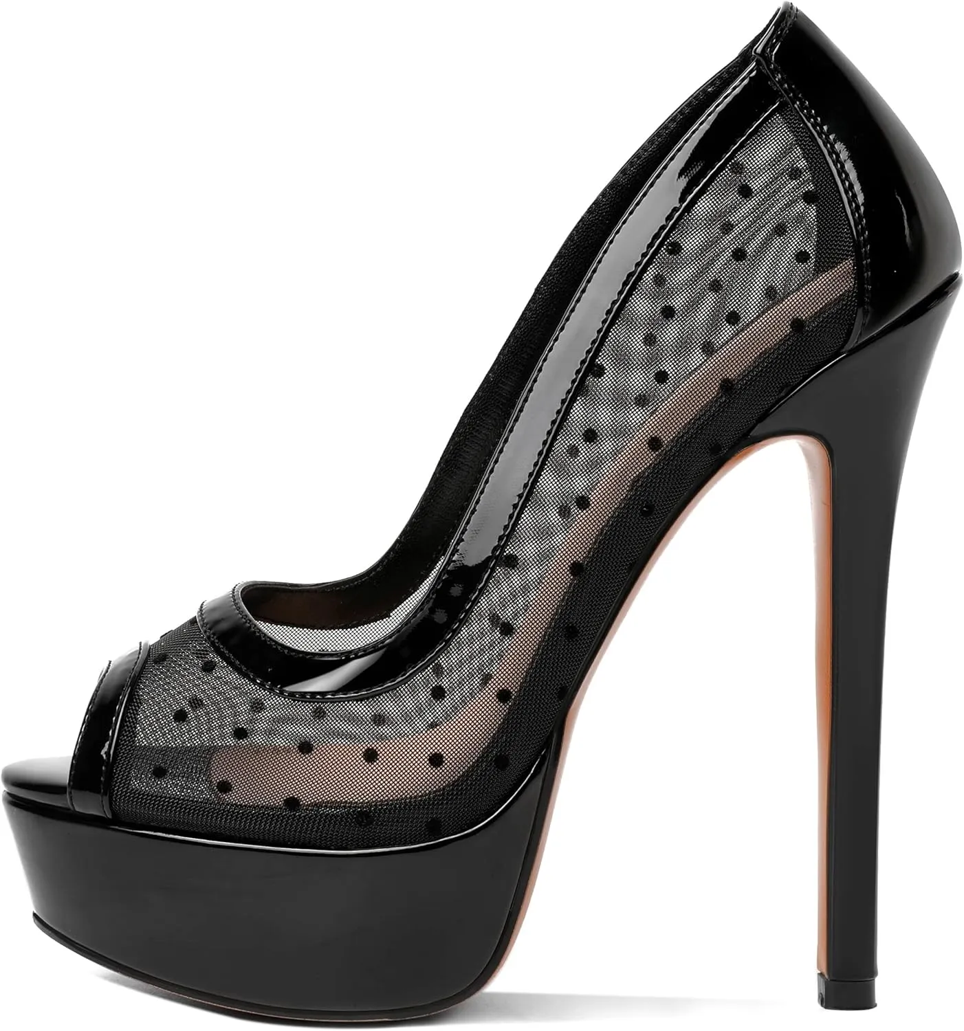 AUMOTED Women's Peep Toe High Heel Platform Stiletto Pumps Slip On Patent Mesh Polka Dot Heels 5.5" Party Wedding Dress Shoes