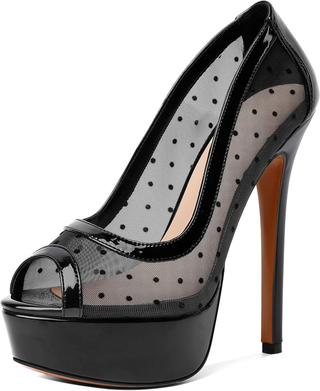 AUMOTED Women's Peep Toe High Heel Platform Stiletto Pumps Slip On Patent Mesh Polka Dot Heels 5.5" Party Wedding Dress Shoes