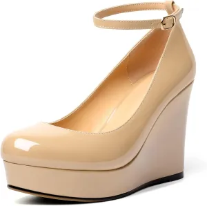 AUMOTED Women's Platform Wedges Heels Pumps Closed Round Toe Buckle Ankle Strap Patent Heels Shoes for Ladies Casual Dress 4 Inch High Heels