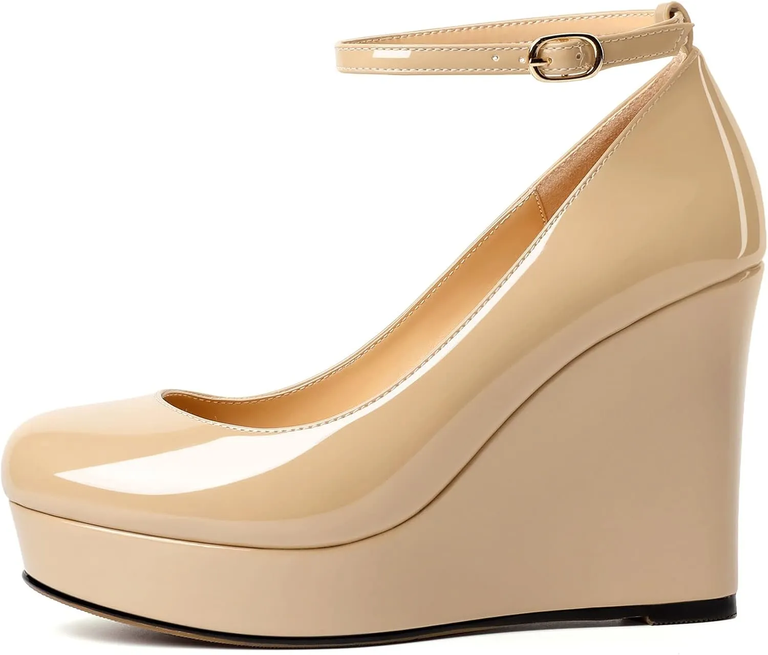 AUMOTED Women's Platform Wedges Heels Pumps Closed Round Toe Buckle Ankle Strap Patent Heels Shoes for Ladies Casual Dress 4 Inch High Heels