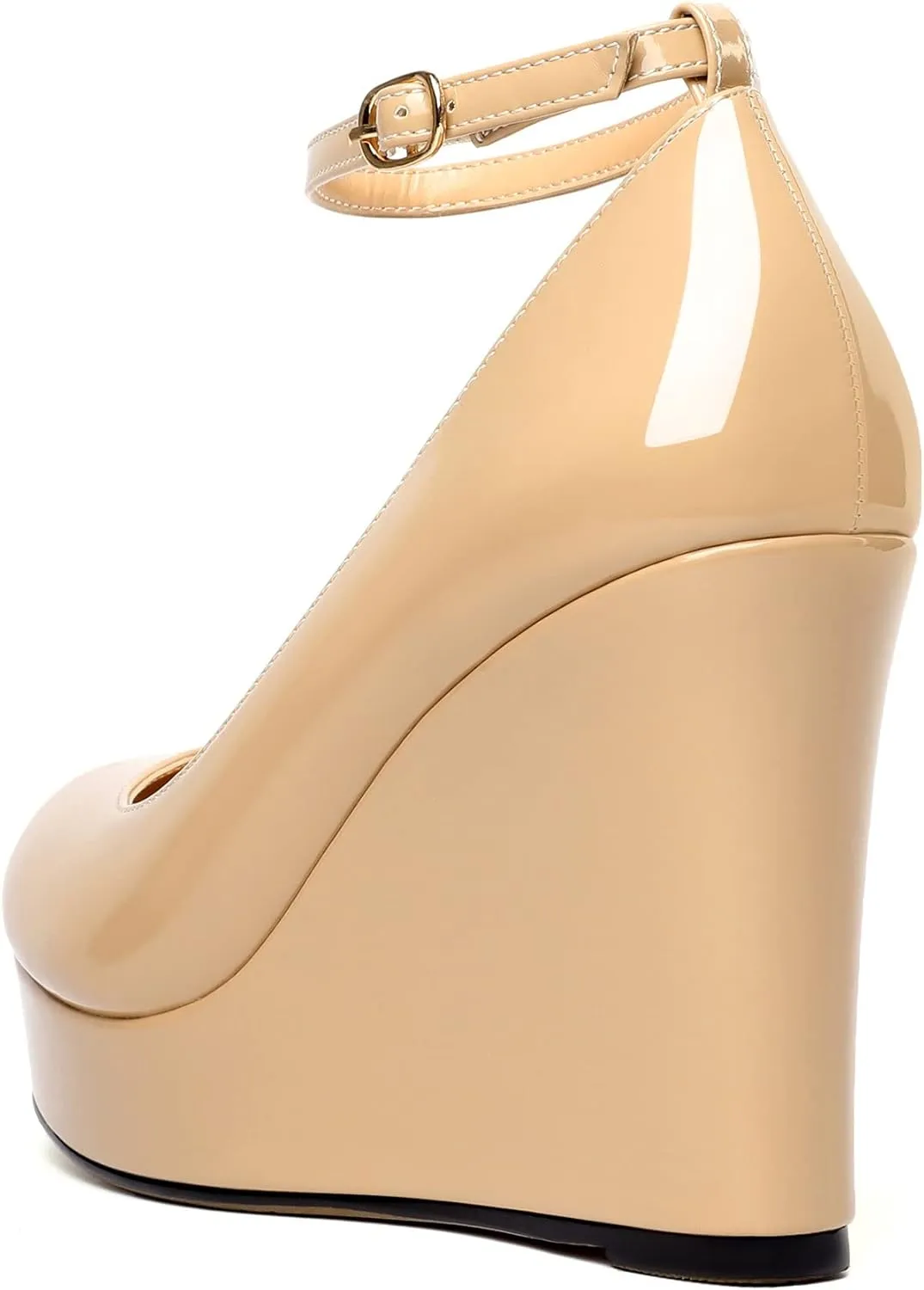 AUMOTED Women's Platform Wedges Heels Pumps Closed Round Toe Buckle Ankle Strap Patent Heels Shoes for Ladies Casual Dress 4 Inch High Heels
