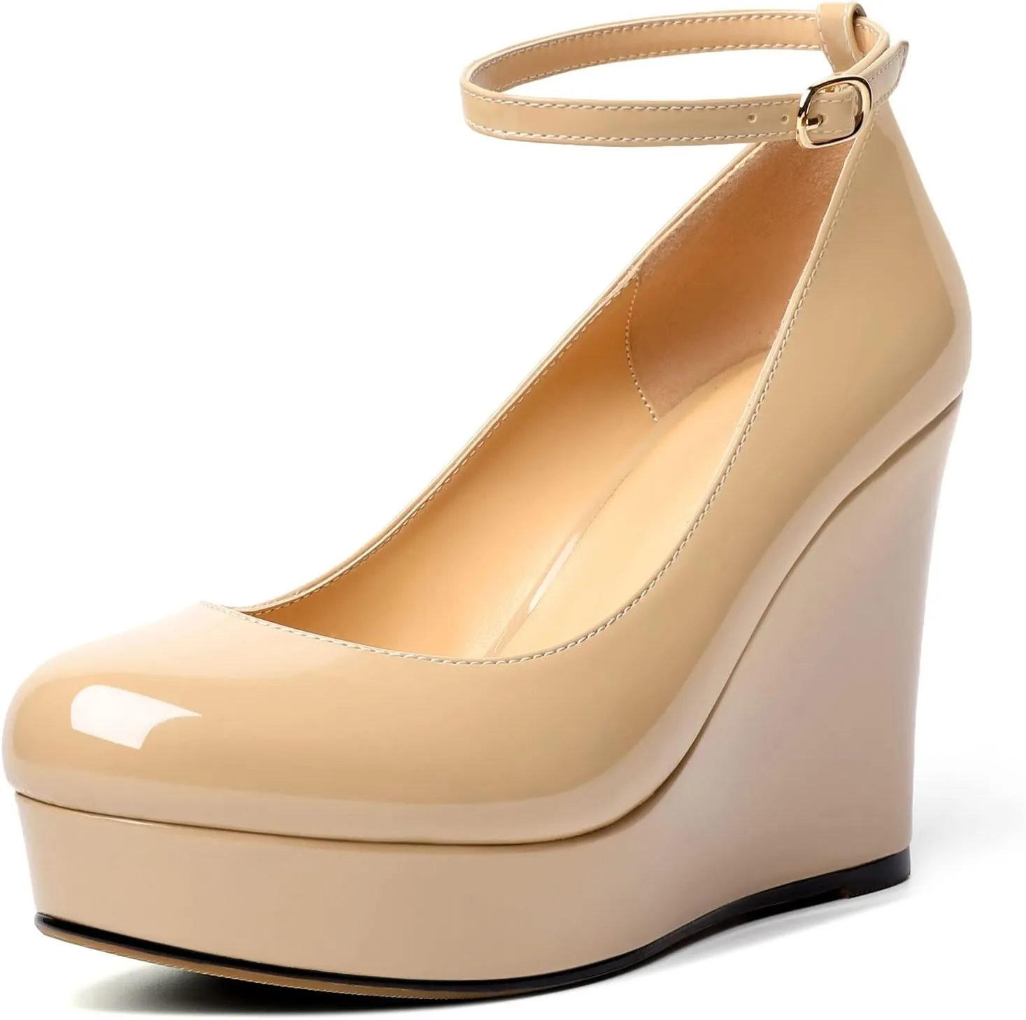 AUMOTED Women's Platform Wedges Heels Pumps Closed Round Toe Buckle Ankle Strap Patent Heels Shoes for Ladies Casual Dress 4 Inch High Heels