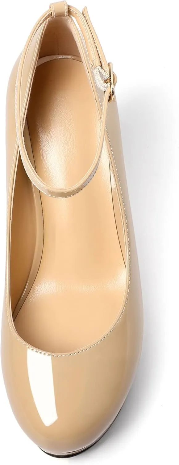 AUMOTED Women's Platform Wedges Heels Pumps Closed Round Toe Buckle Ankle Strap Patent Heels Shoes for Ladies Casual Dress 4 Inch High Heels