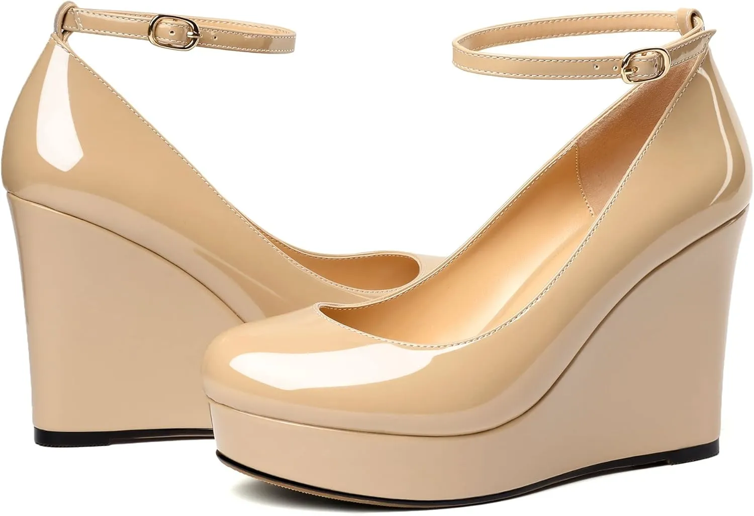 AUMOTED Women's Platform Wedges Heels Pumps Closed Round Toe Buckle Ankle Strap Patent Heels Shoes for Ladies Casual Dress 4 Inch High Heels