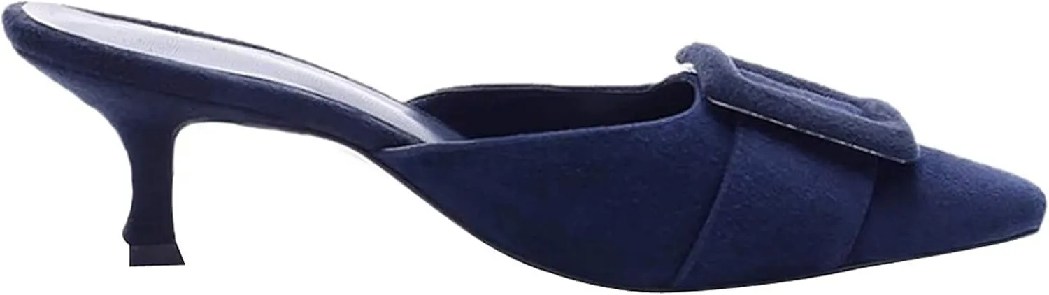 Axellion Comfortable Kitten Heel Mules for Women, Slip-on Backless Loafers with Pointed Toe, Buckle Knot Detail, Stylish Flat Slides for Casual & Business Wear