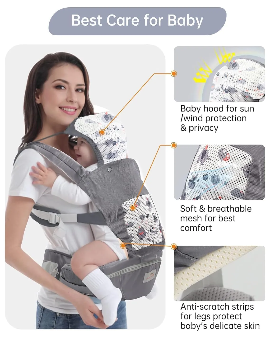 Baby Carrier Newborn to Toddler, Toddler Carrier with Hood & Extra Safety Belt All Seasons & All Position Baby Hip Carrier, Hip Carrier for Baby for Breastfeeding, Infant & Toddler