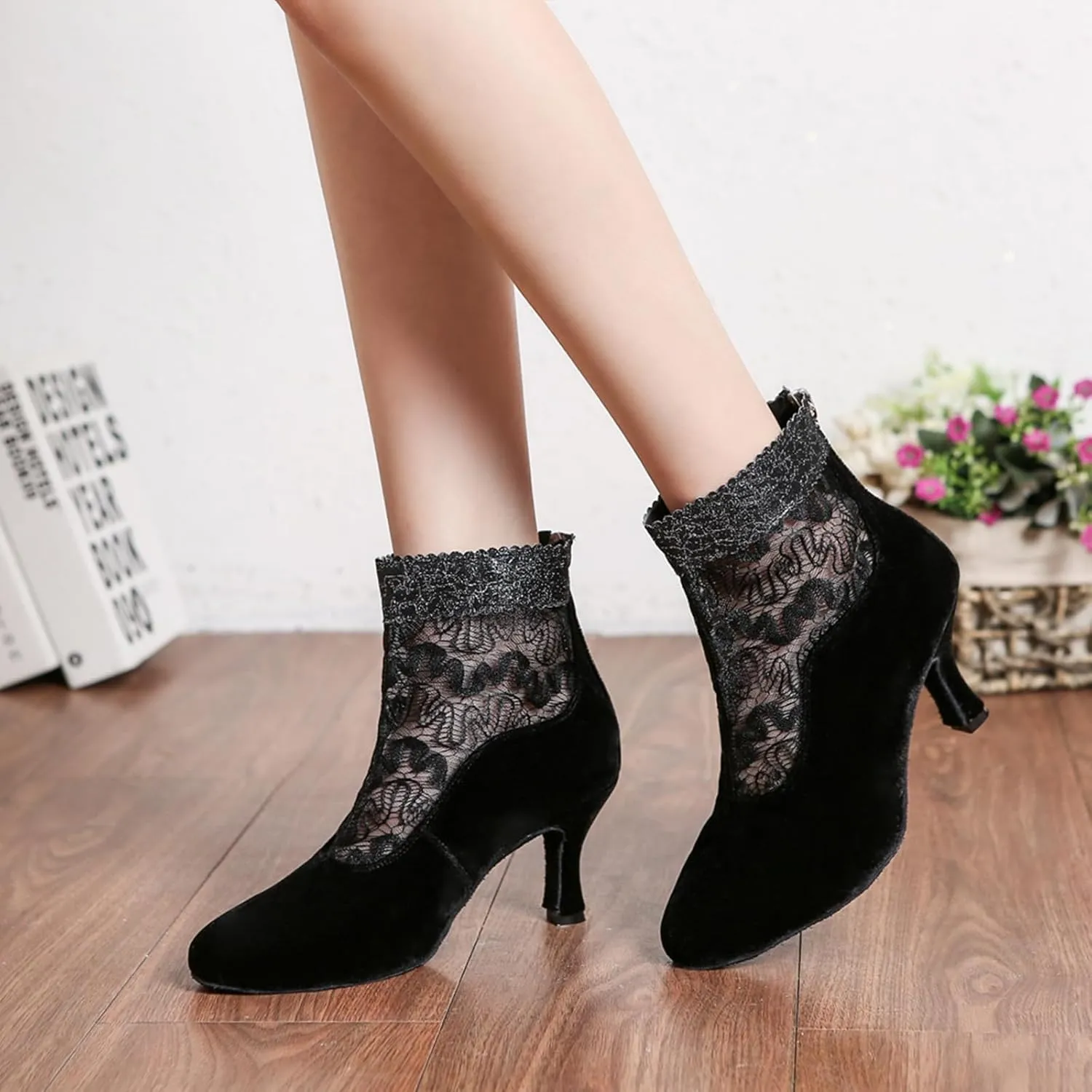 Back Zipper Closure Dance Shoes for Women Ballroom Party Bridal Wedding Stylish Lace Mesh Synthetic Dance boots