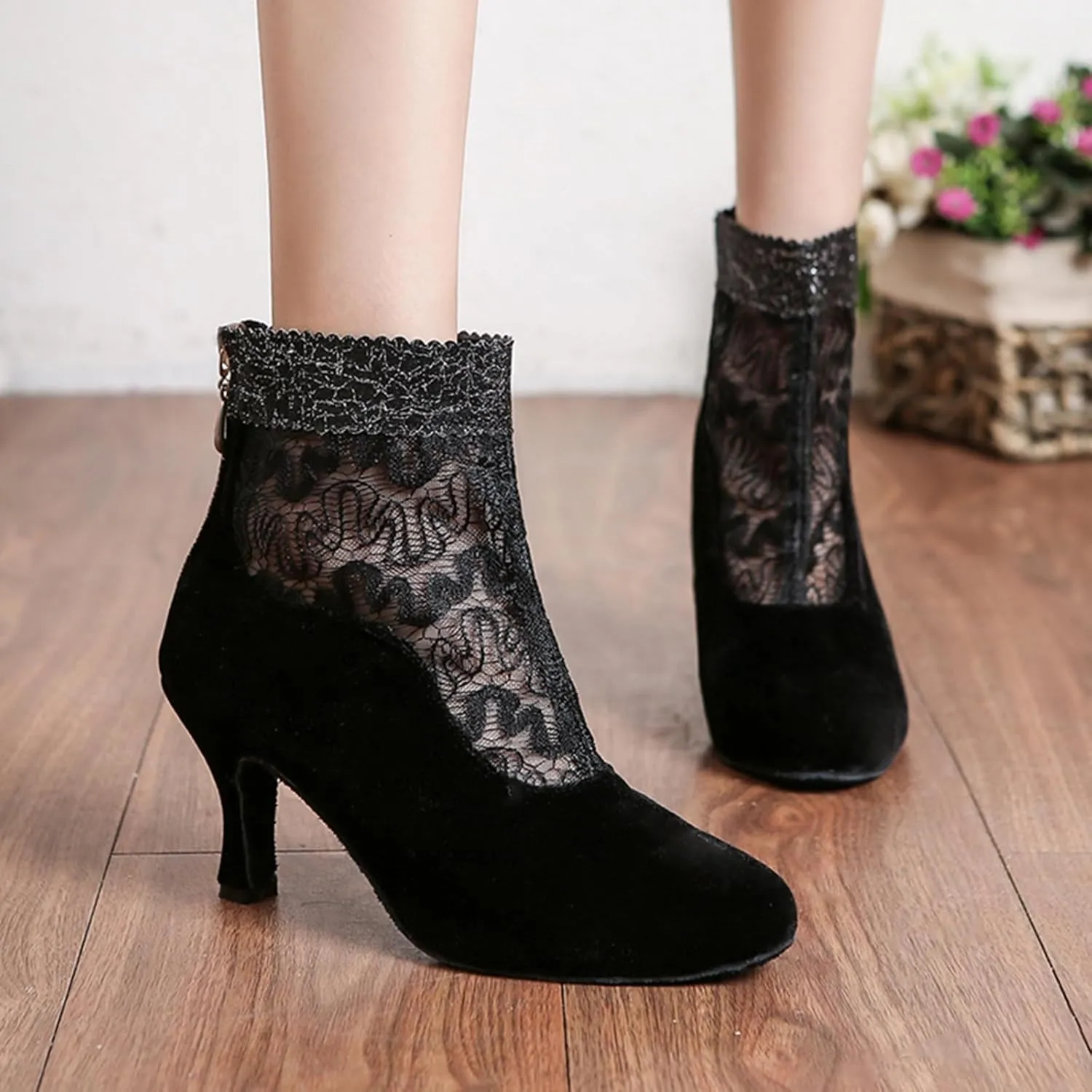 Back Zipper Closure Dance Shoes for Women Ballroom Party Bridal Wedding Stylish Lace Mesh Synthetic Dance boots