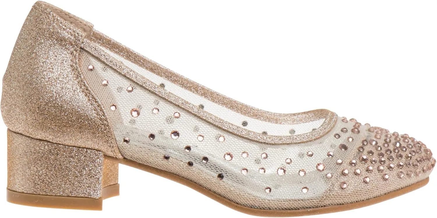Badgley Mischka Girl's Rosa Rhinestone Studded Mesh Heel Dress Closed Toe Pumps (Little Big Kid)