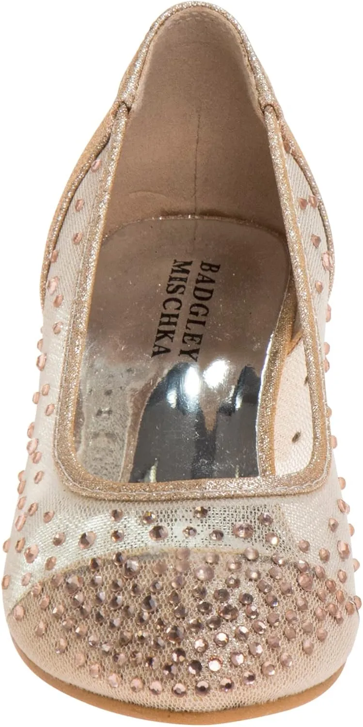 Badgley Mischka Girl's Rosa Rhinestone Studded Mesh Heel Dress Closed Toe Pumps (Little Big Kid)