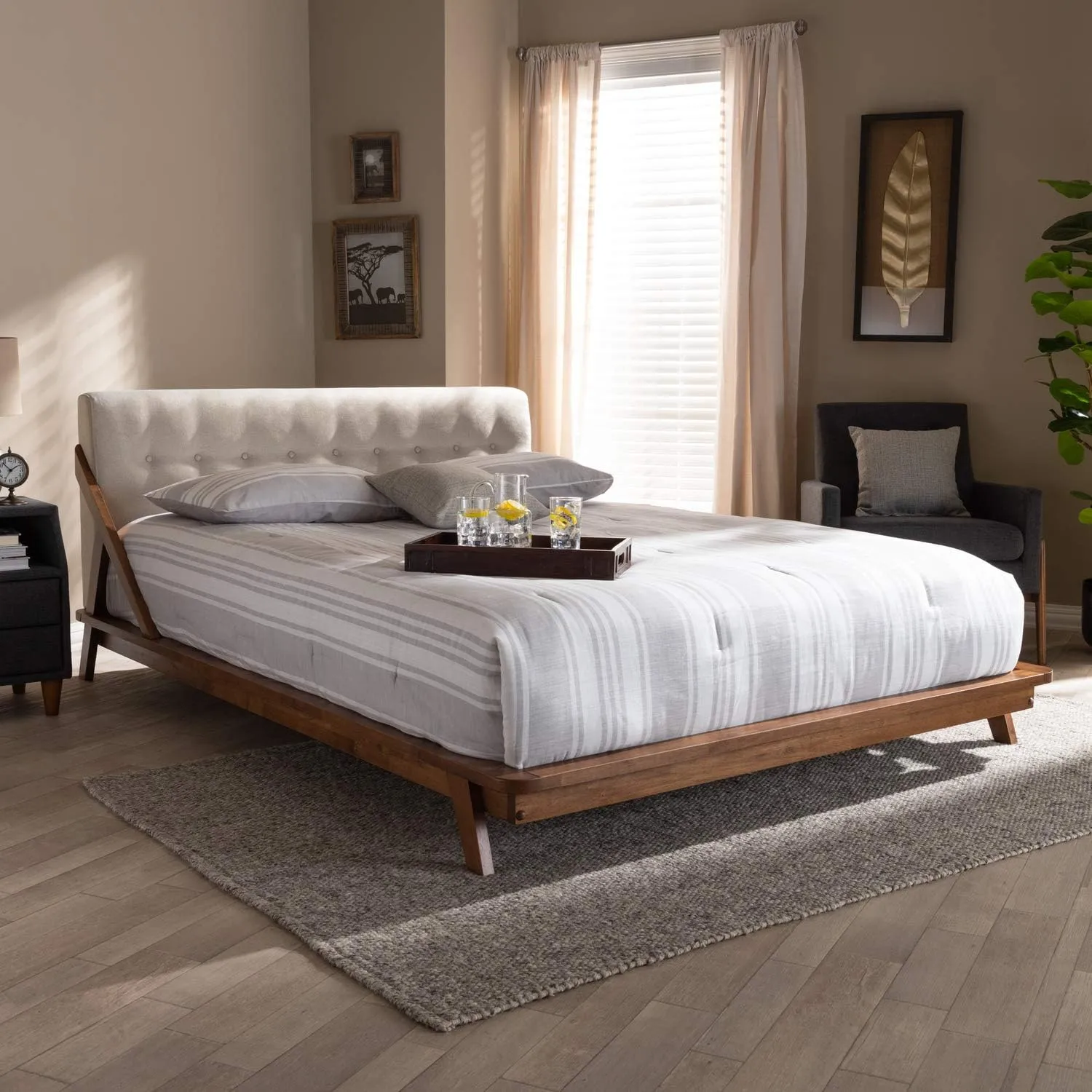 Baxton Studio Sante Mid-Century Modern Light Beige Fabric Upholstered Wood King Size Platform Bed