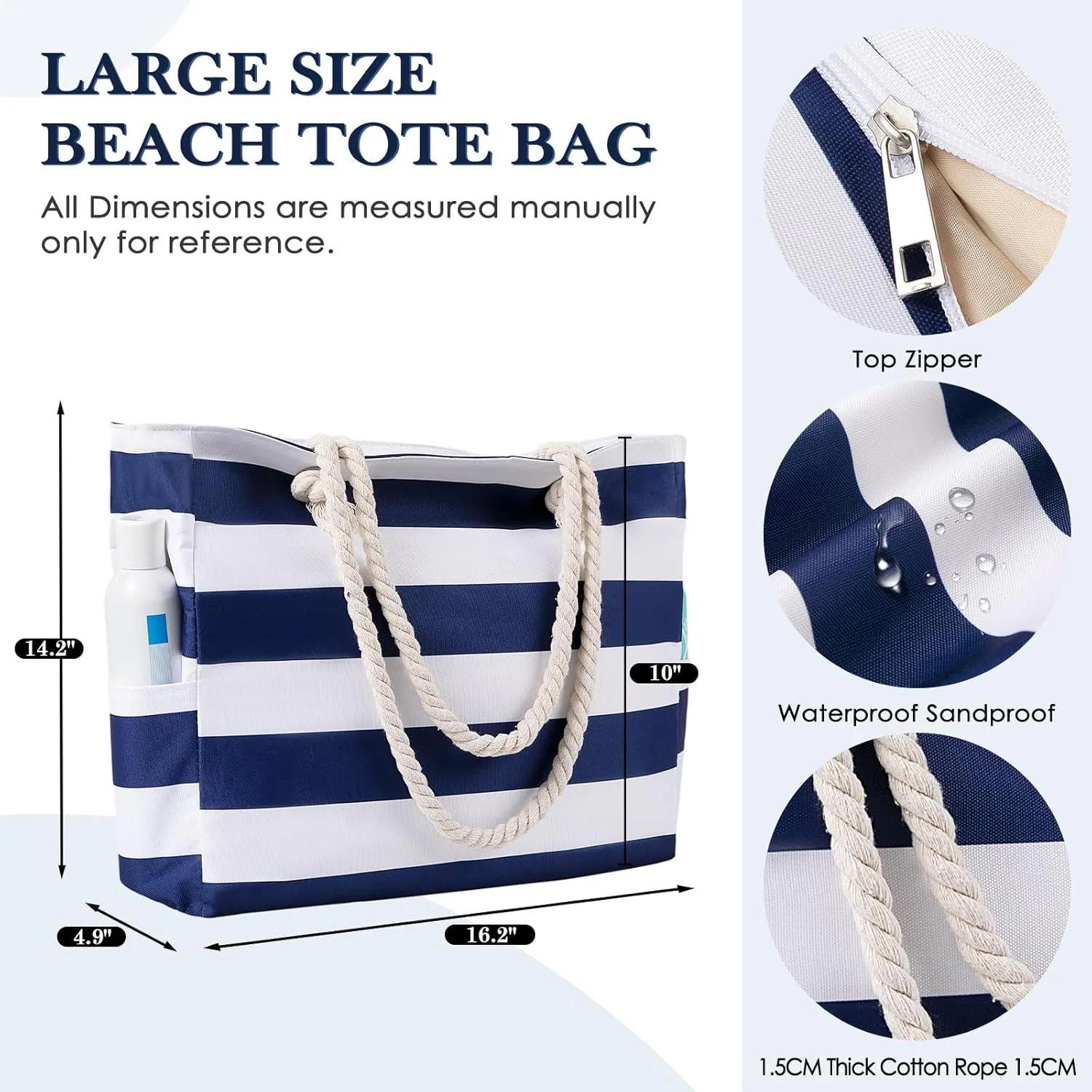 Beach Bags For Women - Large Beach Bags with Zipper Waterproof Sandproof Swim Pool Beach Bag