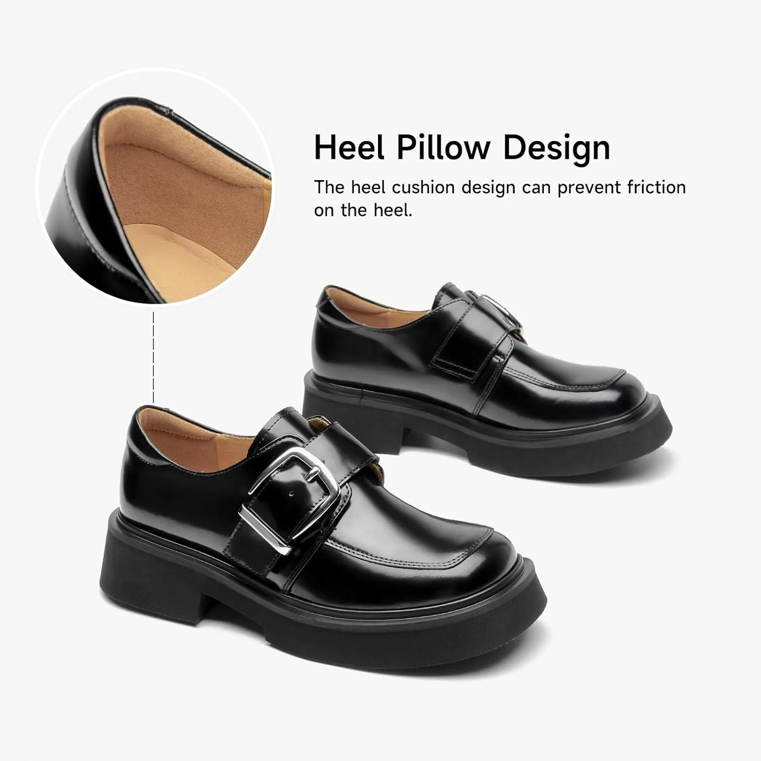 BEAU TODAY Womens Loafers Shoes, Leather Platform Loafers for Women, Chunky Heel Lug Sole Loafers for Women, Comfort Slip-on Loafers, Casual Business Office Work Shoes with Buckle
