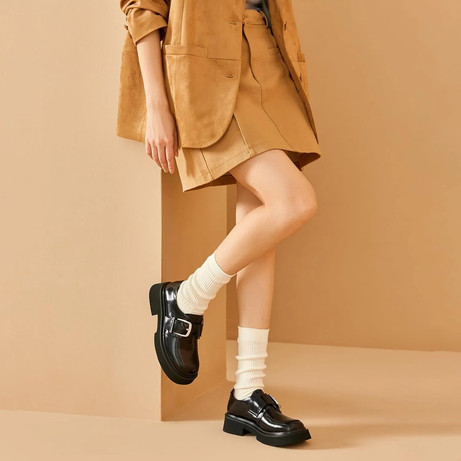 BEAU TODAY Womens Loafers Shoes, Leather Platform Loafers for Women, Chunky Heel Lug Sole Loafers for Women, Comfort Slip-on Loafers, Casual Business Office Work Shoes with Buckle