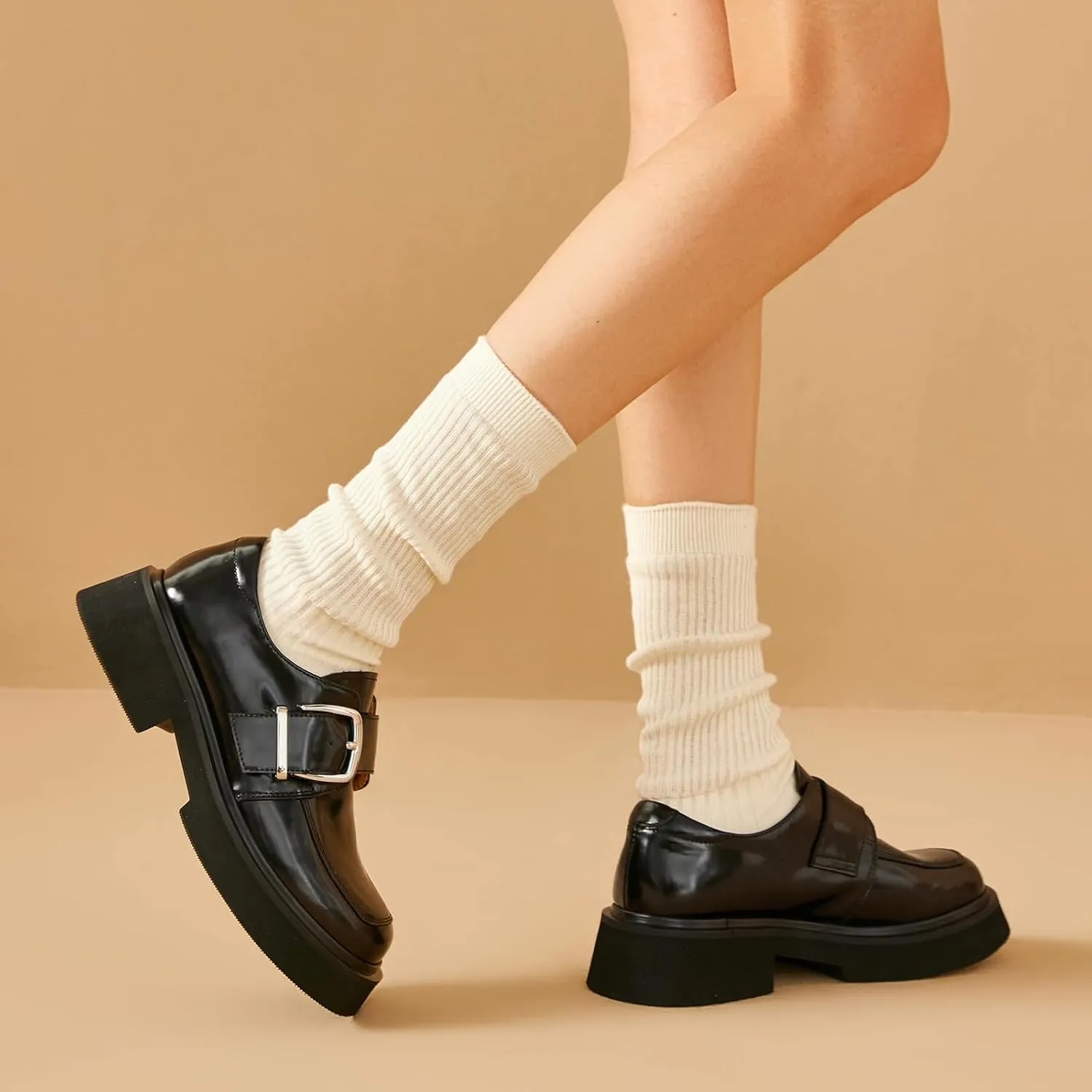 BEAU TODAY Womens Loafers Shoes, Leather Platform Loafers for Women, Chunky Heel Lug Sole Loafers for Women, Comfort Slip-on Loafers, Casual Business Office Work Shoes with Buckle