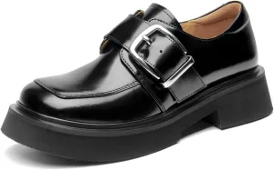 BEAU TODAY Womens Loafers Shoes, Leather Platform Loafers for Women, Chunky Heel Lug Sole Loafers for Women, Comfort Slip-on Loafers, Casual Business Office Work Shoes with Buckle