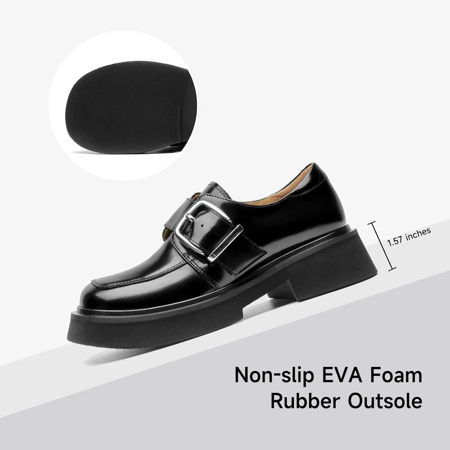 BEAU TODAY Womens Loafers Shoes, Leather Platform Loafers for Women, Chunky Heel Lug Sole Loafers for Women, Comfort Slip-on Loafers, Casual Business Office Work Shoes with Buckle