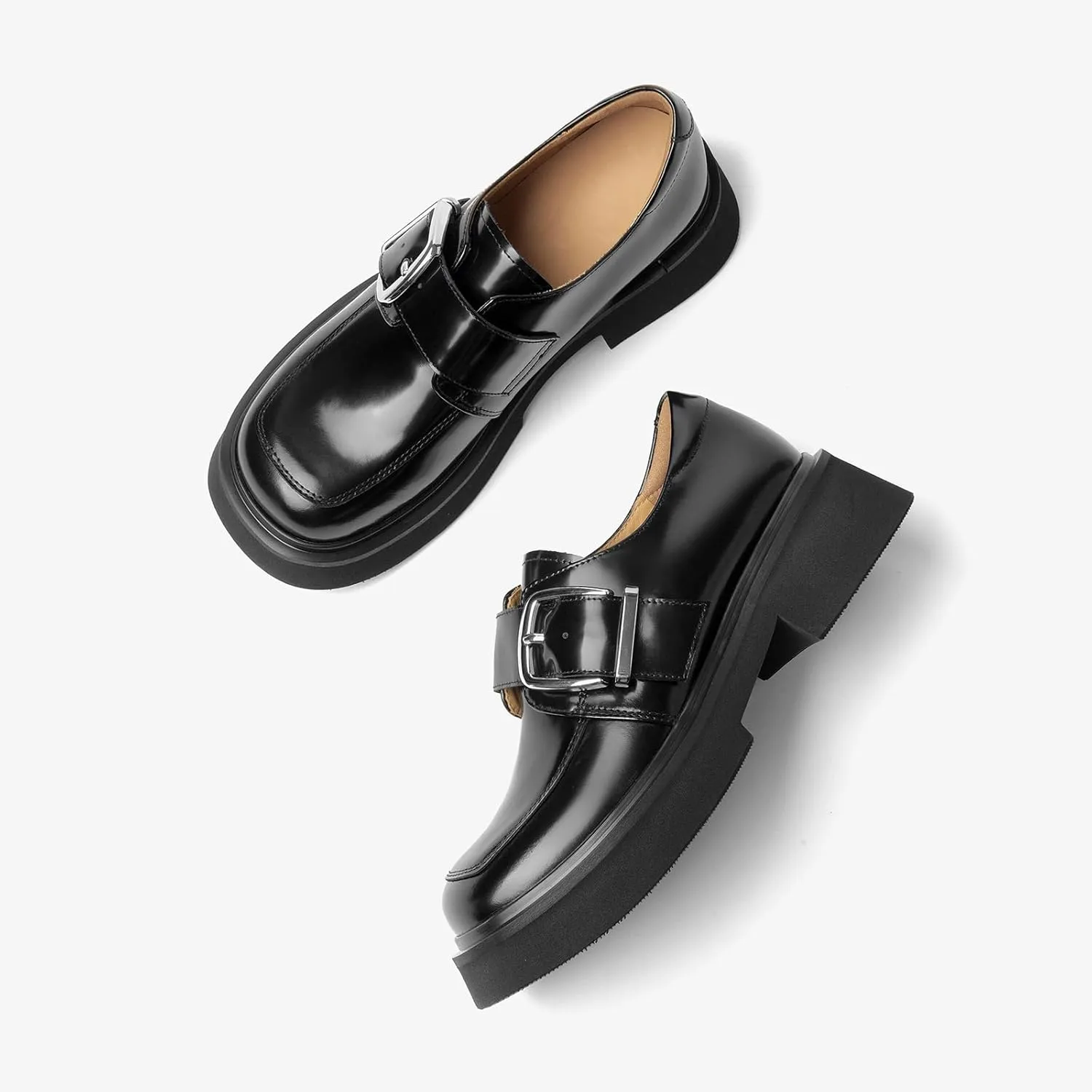 BEAU TODAY Womens Loafers Shoes, Leather Platform Loafers for Women, Chunky Heel Lug Sole Loafers for Women, Comfort Slip-on Loafers, Casual Business Office Work Shoes with Buckle