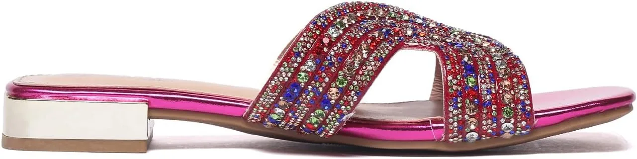 Bernal Women Sparkle Rhinestone Slide Sandals Fashion Outdoor Slip On H-Band Flat Slippers Summer Beach Sandals