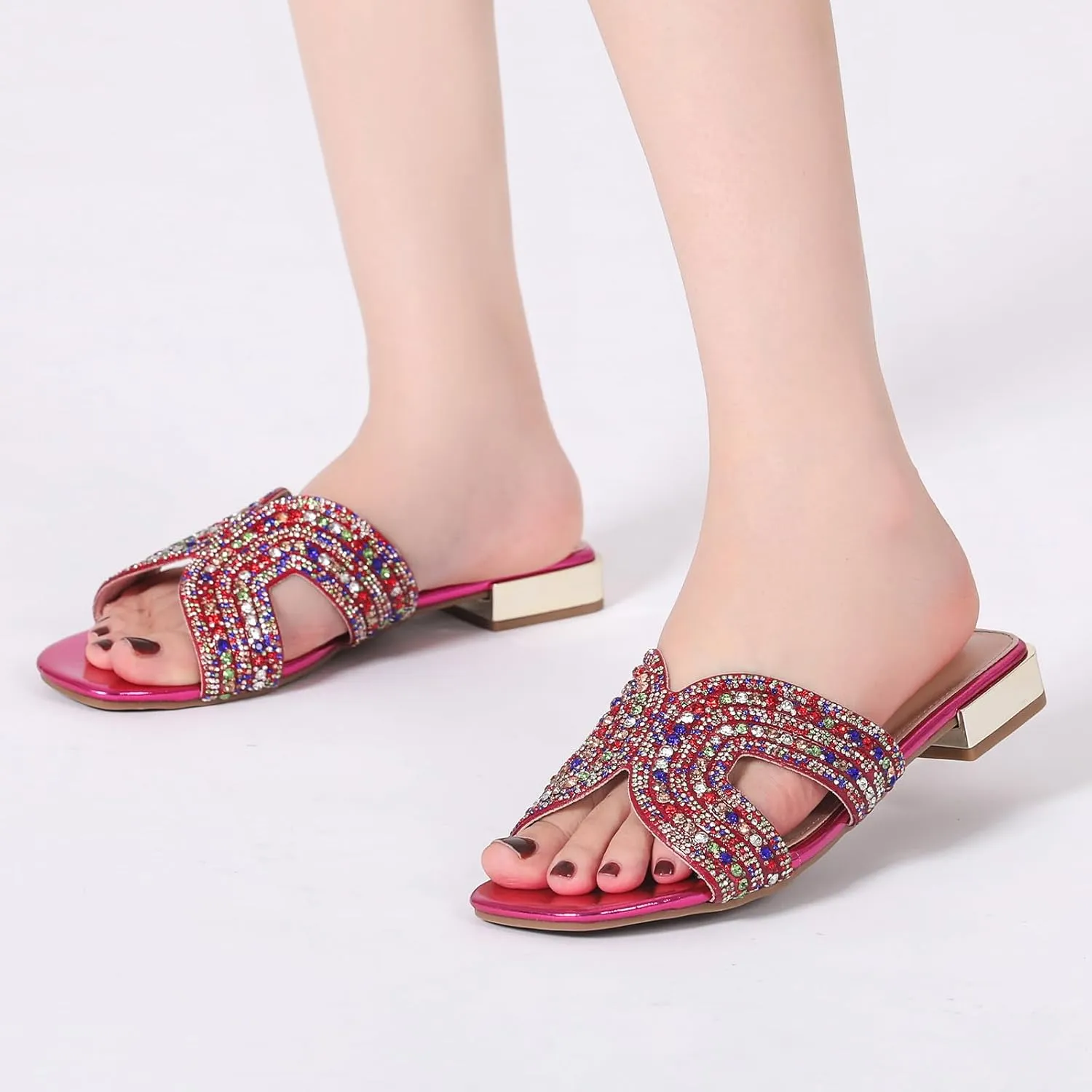 Bernal Women Sparkle Rhinestone Slide Sandals Fashion Outdoor Slip On H-Band Flat Slippers Summer Beach Sandals