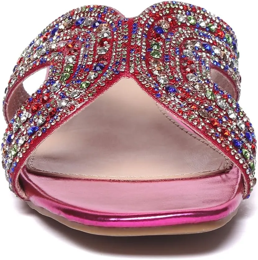 Bernal Women Sparkle Rhinestone Slide Sandals Fashion Outdoor Slip On H-Band Flat Slippers Summer Beach Sandals