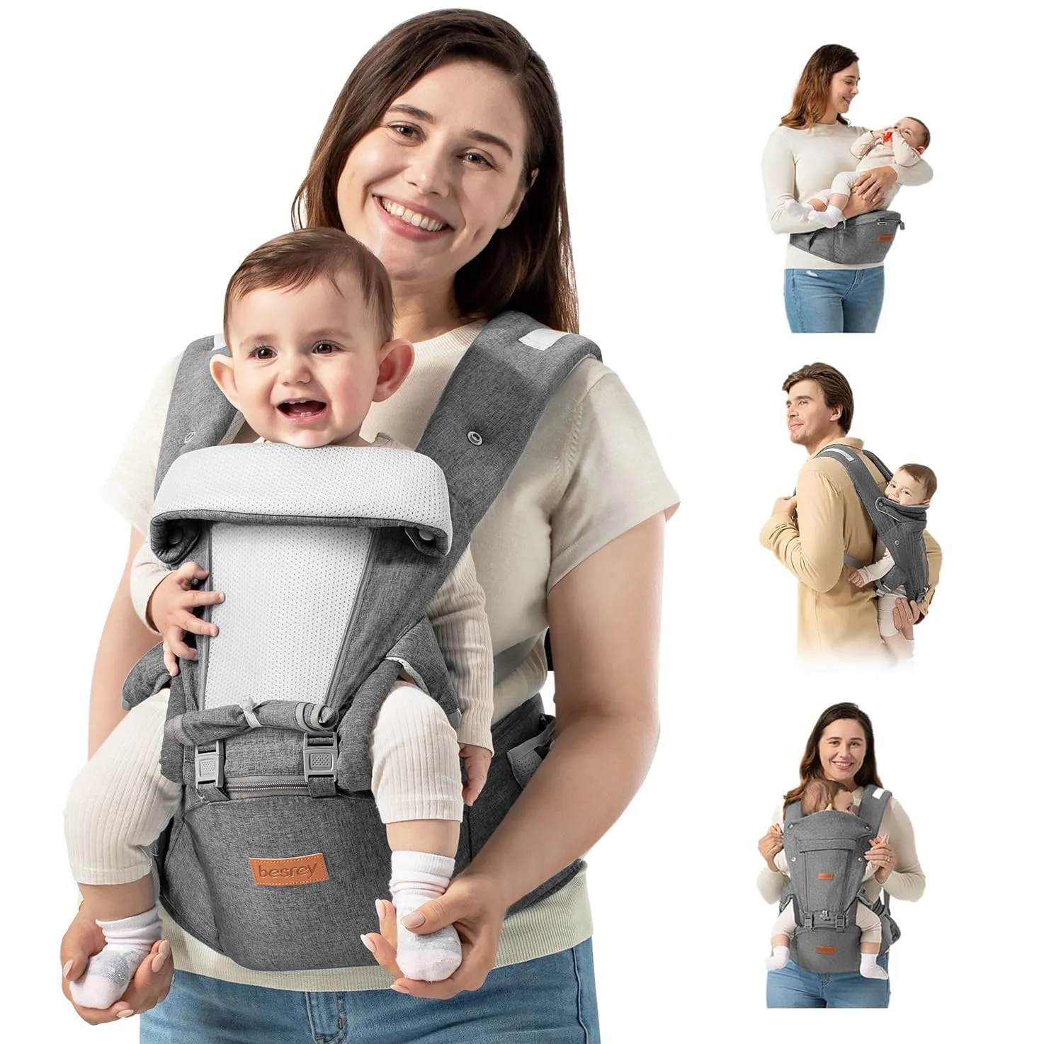 besrey Baby Carrier with Hip Seat Newborn to Toddler 9-in-1, Front Facing Baby Hip Carrier, ASTM-Certified Ergonomic Support, Breathable Mesh for Moms & Dads, Back Infant Holder (4-36M, 7-45 lbs)