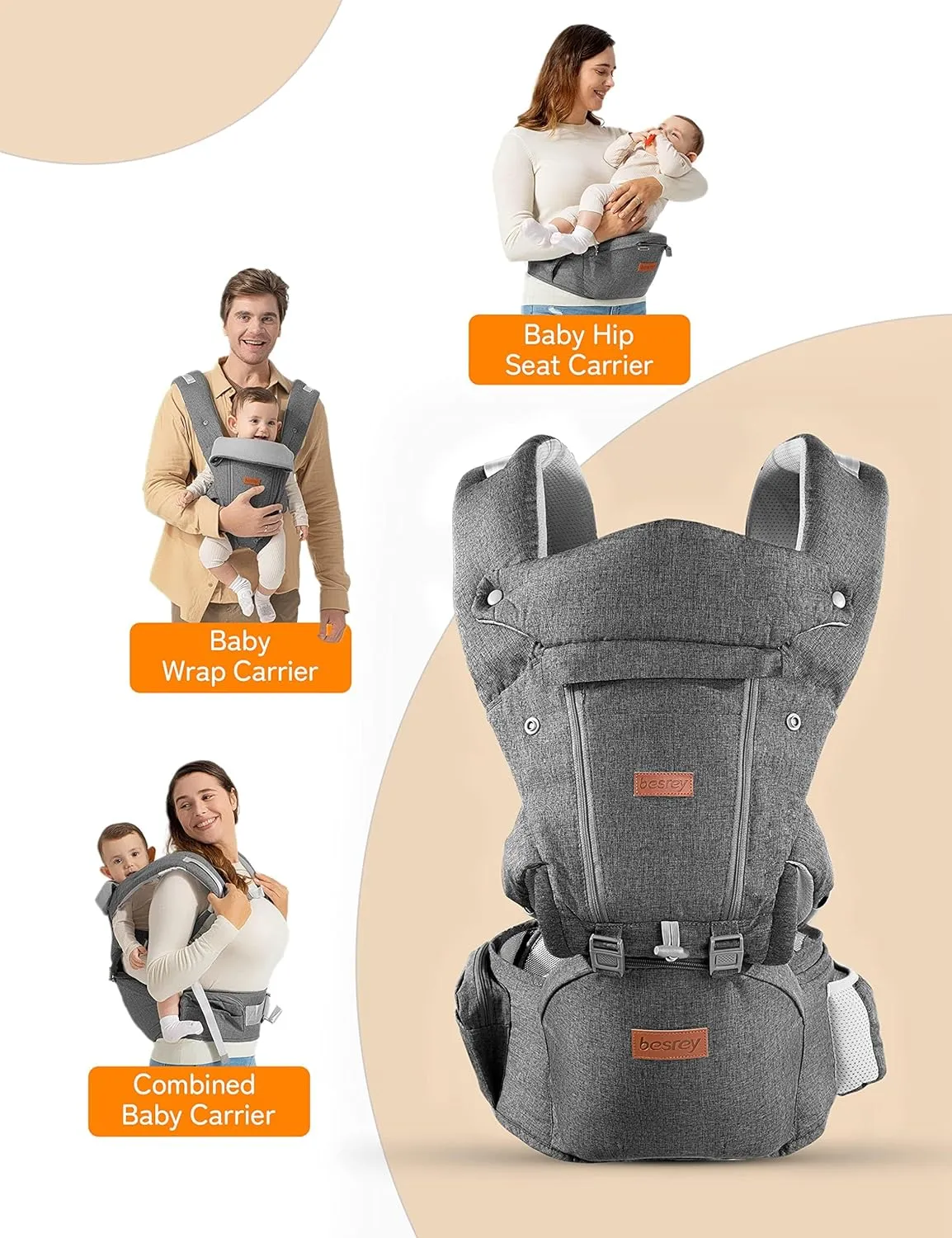 besrey Baby Carrier with Hip Seat Newborn to Toddler 9-in-1, Front Facing Baby Hip Carrier, ASTM-Certified Ergonomic Support, Breathable Mesh for Moms & Dads, Back Infant Holder (4-36M, 7-45 lbs)