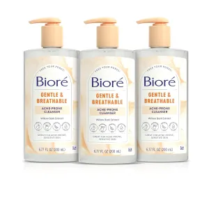 Bioré Gentle & Breathable Acne Face Wash, Gentle Face Cleanser for Sensitive and Acne Prone Skin, Infused with Willow Bark Extract to Clarify Skin, Fragrance Free, 6.77 Oz , Pack of 3