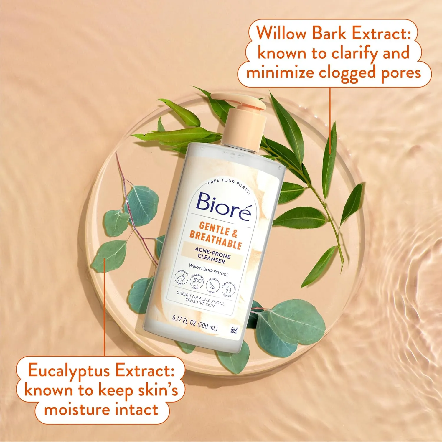 Bioré Gentle & Breathable Acne Face Wash, Gentle Face Cleanser for Sensitive and Acne Prone Skin, Infused with Willow Bark Extract to Clarify Skin, Fragrance Free, 6.77 Oz , Pack of 3