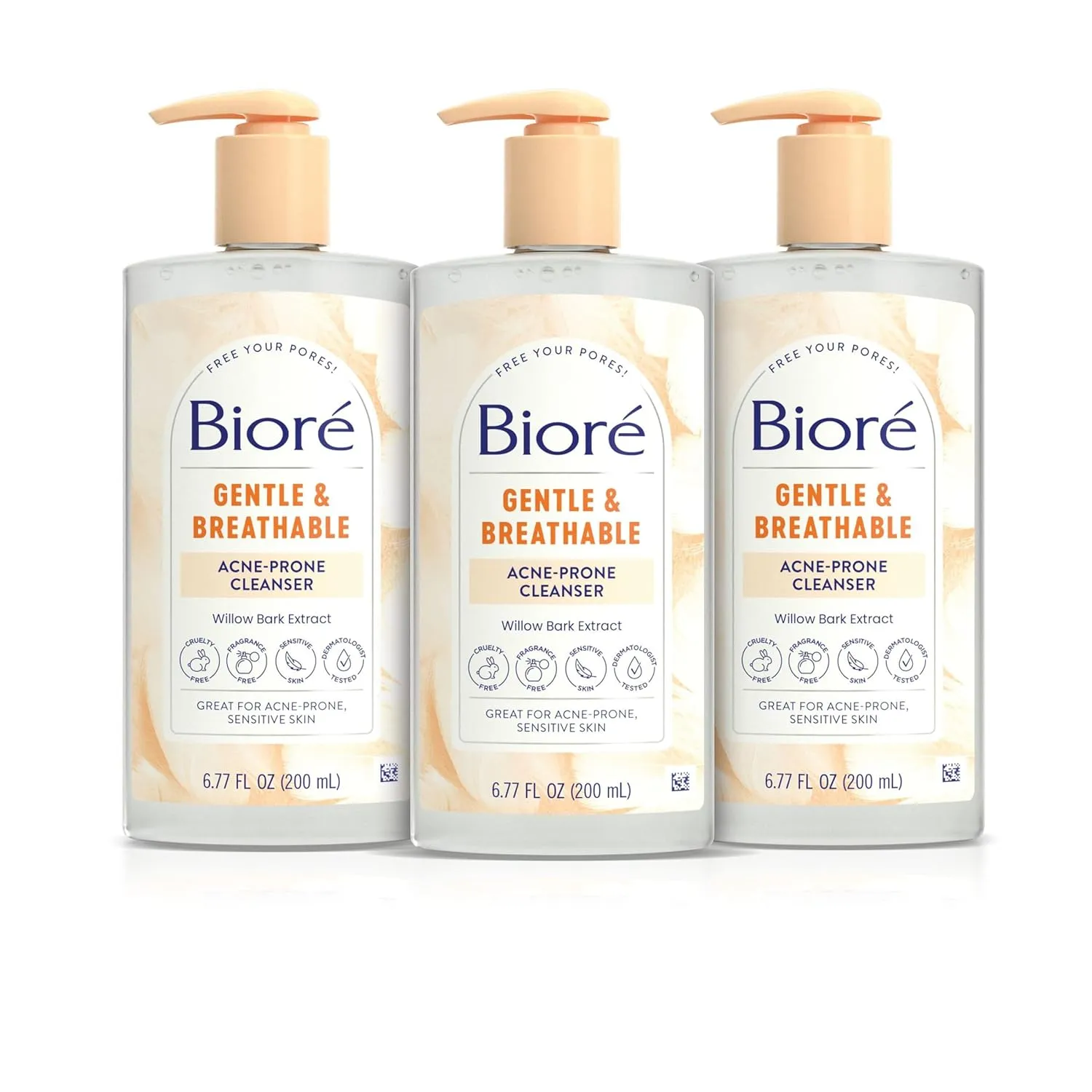 Bioré Gentle & Breathable Acne Face Wash, Gentle Face Cleanser for Sensitive and Acne Prone Skin, Infused with Willow Bark Extract to Clarify Skin, Fragrance Free, 6.77 Oz , Pack of 3