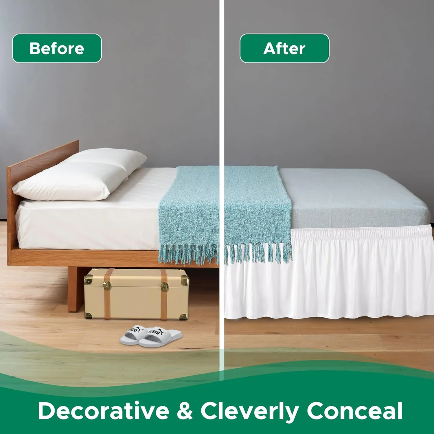 Biscaynebay Wrap Around Bed Skirts for Queen Size Beds with Extra Long Drop of 21", White Adjustable Elastic Dust Ruffles Easy Fit Wrinkle Resistant Silky Luxurious Fabric Machine Washable